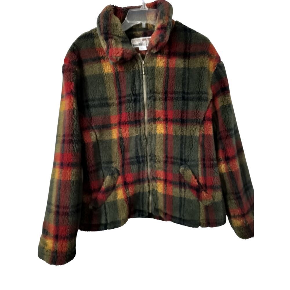 3235) Vintage Braetan Micro Velour Fleece Plaid Zip Front Berber Coat Large - Picture 1 of 11